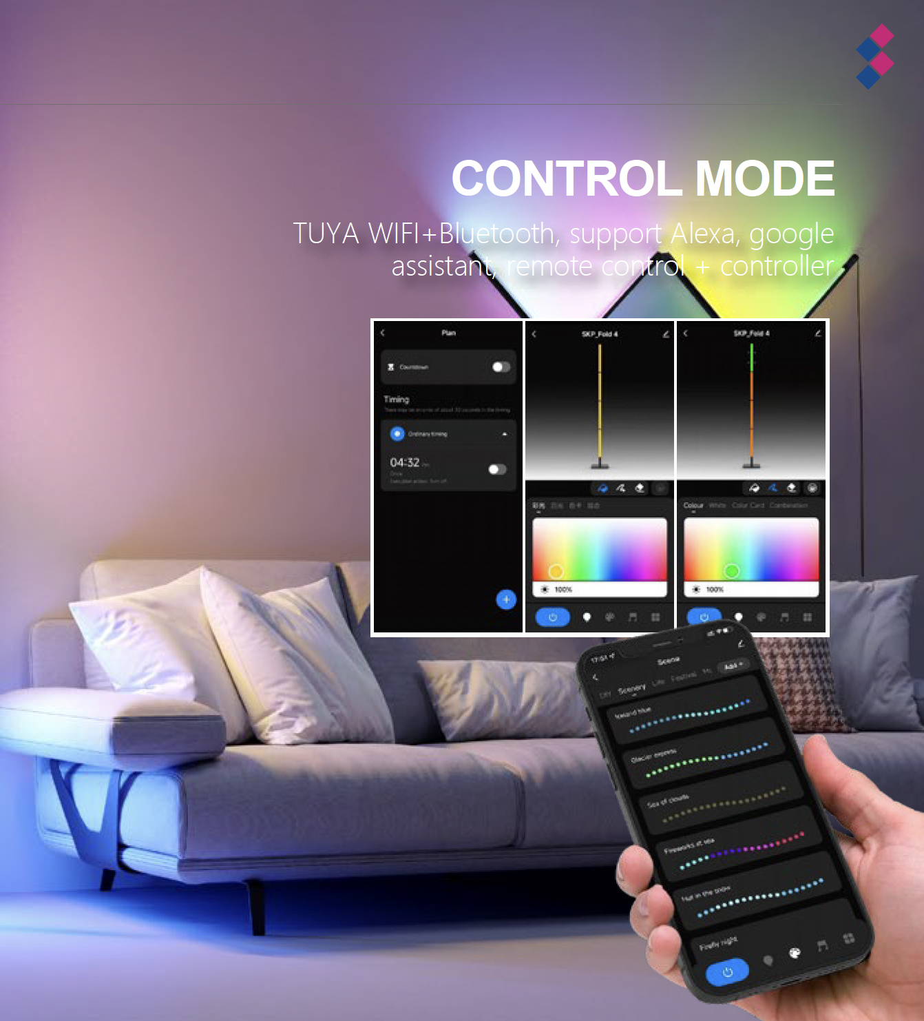 Faltbare RGBW Stehleuchte SMART - 24W - per Smartphone, Remotecontrol oder Sprache steuerbar – Bild 3