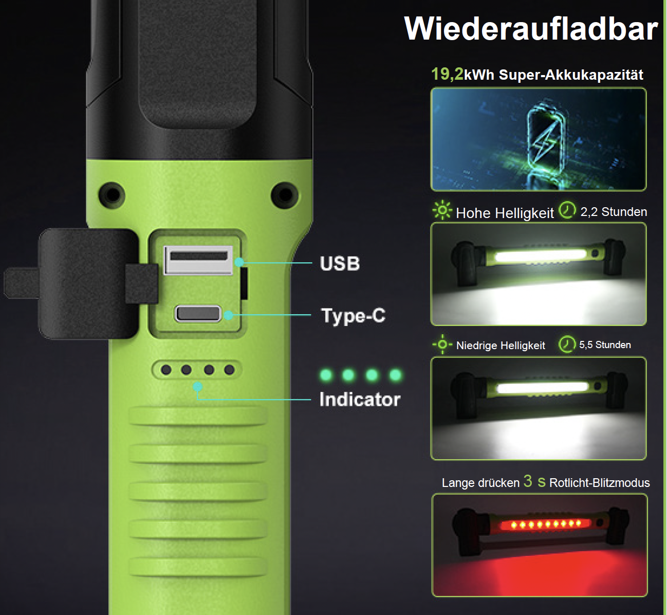 Wiederaufladbare LED-Arbeitsleuchte mit Magneten, Haken und Stellfuss – Bild 2